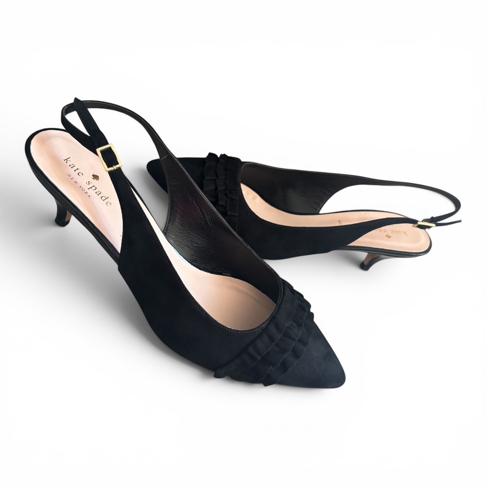 Kate Spade Oliene Black Suede Ruffle Pointed Toe Slingback Kitten Heels Sz 10